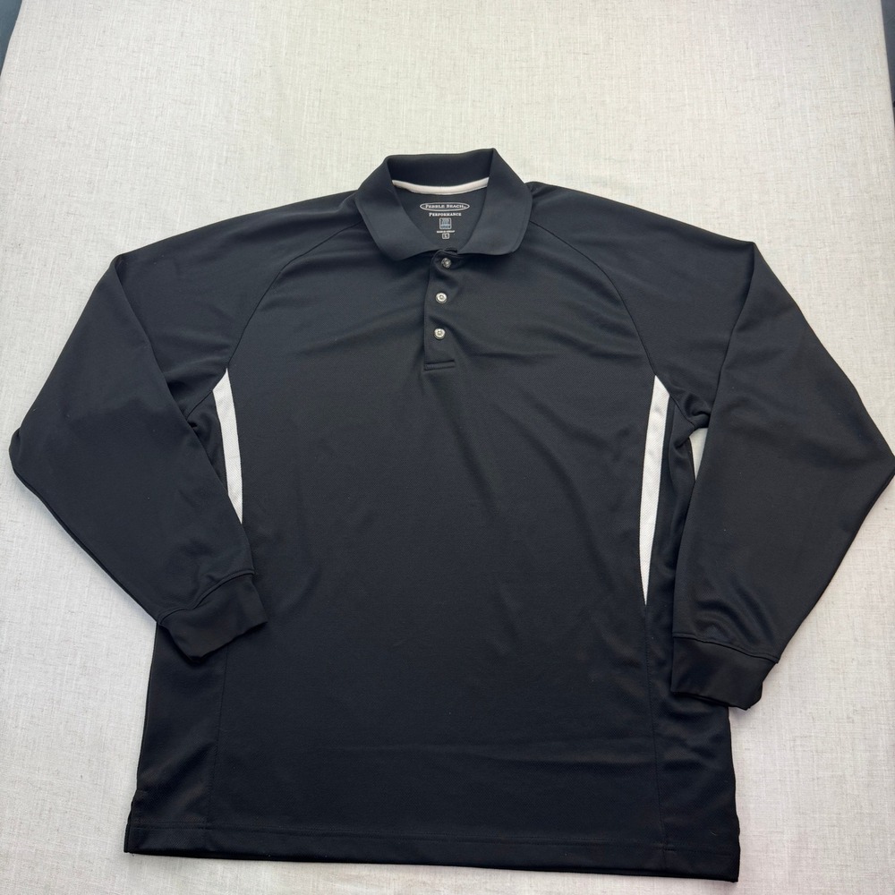 Pebble Beach Performance Polo Mens Large Black Long Sleeve Golf Shirt Activewear